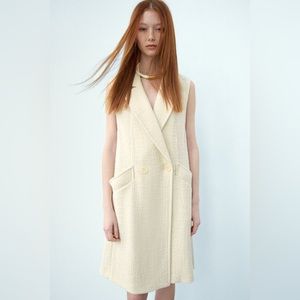 Zara Tailored Waist Coat Ecru Cotton Double Breasted Welt Pocket Large